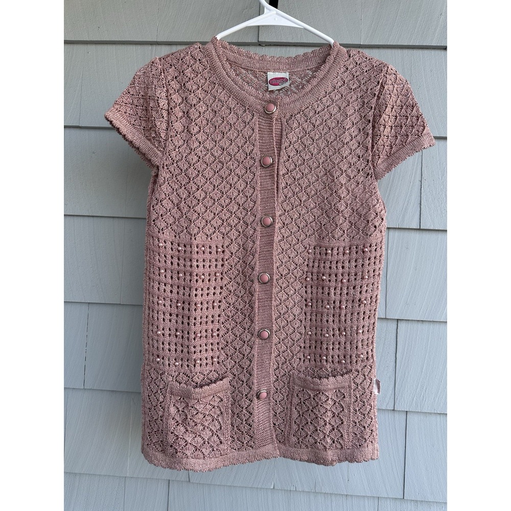 Biruni Retro Pink Lace Knit Cardigan Pearl‎ Detail Short Sleeve Small